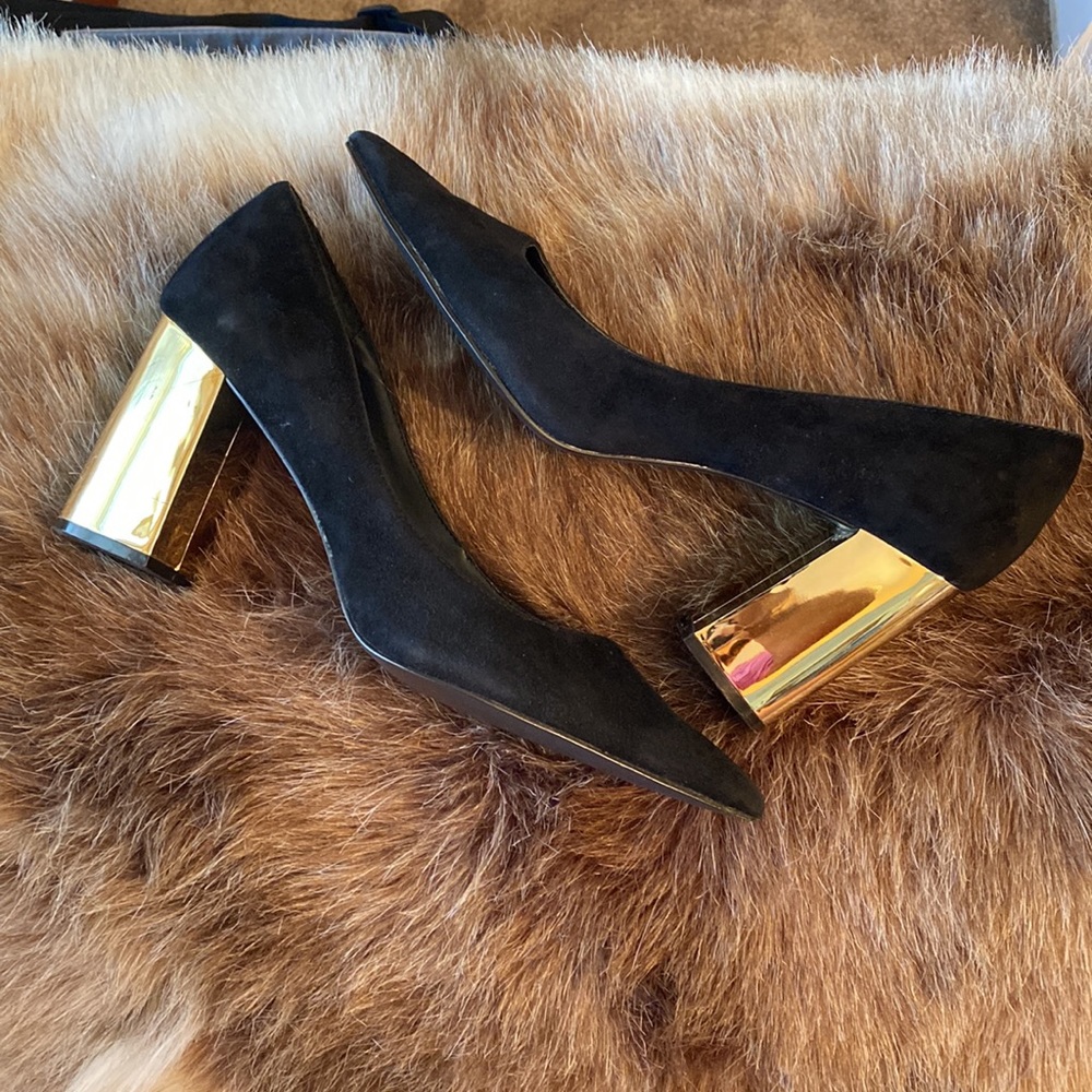 Steve Madden Pointur Suede Leather Pump Womens Size 10 Block Heel Black Gold